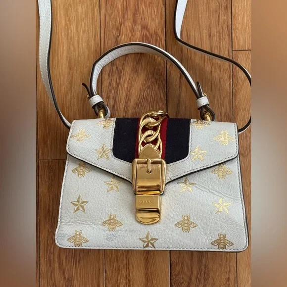 Gucci Sylvie Bee Star Leather Shoulder Bag White Web Stripe Small Project piece - Picture 3 of 16